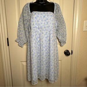 Altar'd State Puff Sleeve Babydoll Blue Floral Square Neck Mini Dress XL EUC